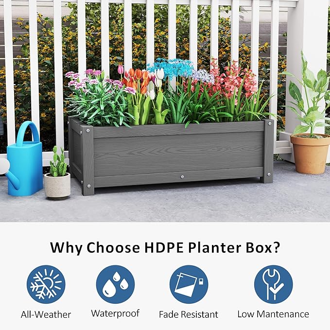 HDPE Raised Planter Box Outdoor,Rot-Resistant and Non-Cracking,Raised Beds for Gardening 29.5 * 14.4 * 9.8 in for Yard,Lawn,Outdoor Planter Boxes Rectangle with Drainage Holes Gray