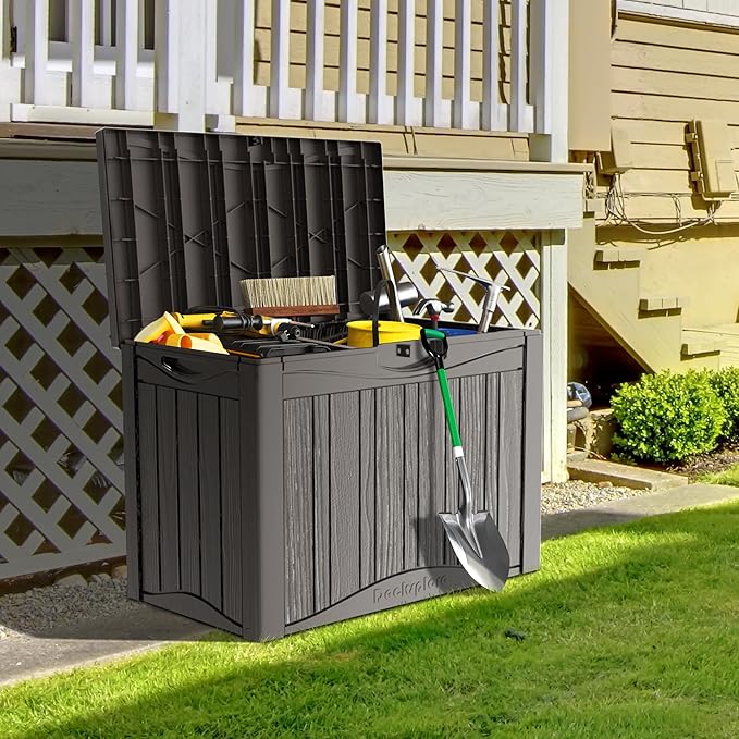Mersco 45 Gallon Double-Wall Resin Deck Box - Lockable Waterproof Outdoor Storage Box, 515bs Capacity & Doubles as Seating for Patio Furniture - Garden Tools, Pool Accessories (Grey)