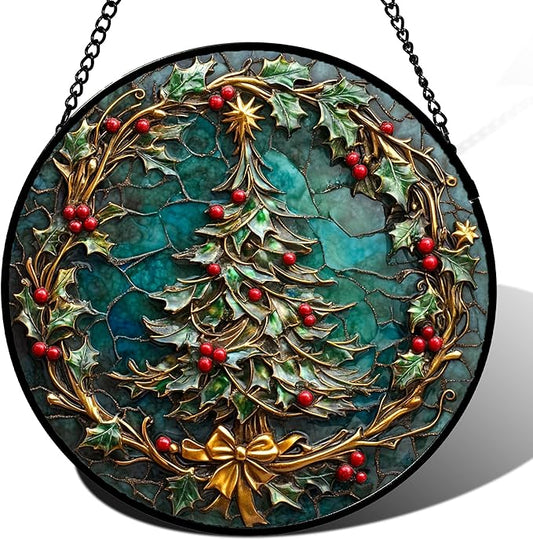 Stained Glass Window Hangings - Red Gold Green Wreath Suncatcher for Door Home Christmas Tree Decoration Sun Catcher Thanksgiving New Year Birthday Gift for Women Men Mom Grandma 11.8 in