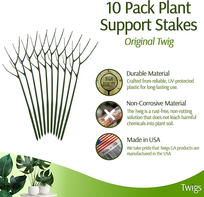 Twigs GA - Plant Support Stakes for Indoor & Outdoor Use, Durable Trellis Alternative for Climbing & Potted Plants, Houseplant Stem Holder Structures - Monstera (Dark Green), 10 Pack, 22" L, Original