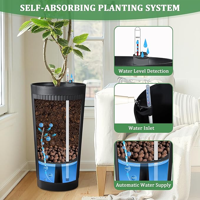 Set of 2 Tall Self-Watering Planters, 24" Large Planters with Water Level Indicator for Indoor & Outdoor Plants, Modern Planters for Garden, Patio, Balcony, Porch, Black
