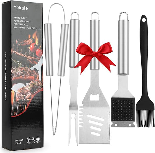 Yekale BBQ Grill Accessories Set, Grill Tools Grilling Accessories Grilling Gifts for Men - Spatula, Fork, Brush, Tongs & Cleaning Brush - Outdoor Barbecue Utensils Gifts for Men Dad Him (Sliver)