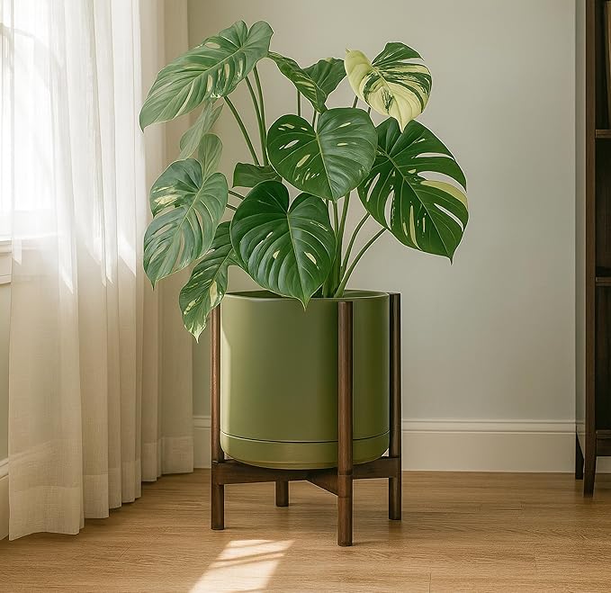 D'vine Dev Ceramic Planter with Walnut Color Stand - 14 Inch Modern Round Flower Pot with Wood Planter Holder, Olive, 55-B-T-J