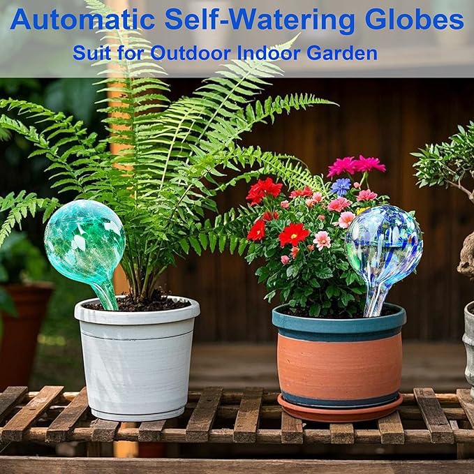 Large Self Watering Globes for Plants Set of 6 - Automatic Glass Plant Watering Bulbs for Indoor & Outdoor Use - Multicolored Watering Devices for Daily Plant Care
