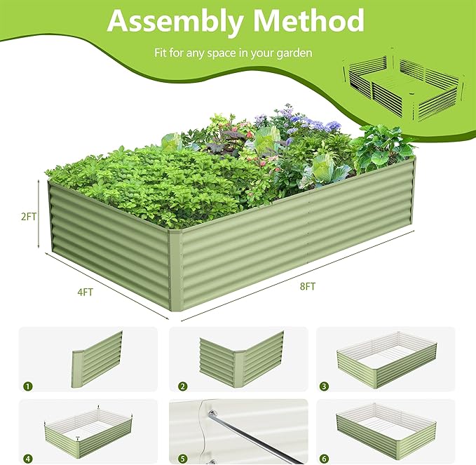 8x4x2FT Galvanized Raised Garden Bed Kit,Vegetable Boxes-Rectangle Metal Flower Box,Large Planter Raised Beds Outdoor Garden for Planting,Fruit,Herb-Green