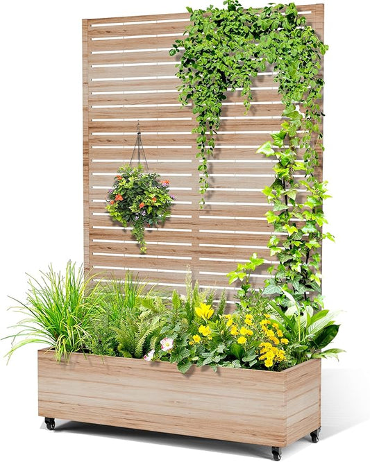 Metal Raised Garden Bed with Trellis, 2-in-1 Planter Box & Privacy Screen for Climbing Plants, Outdoor Standing Flower Bed with Drainage Holes, 47.2" L x 16.7" W x 70.8" H, Acacia Wood Grain