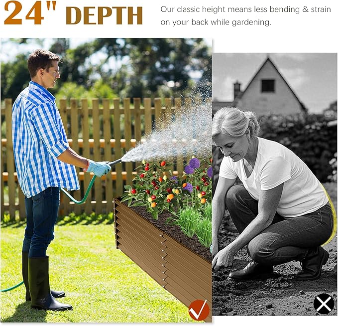 Domi 8x4x2ft Metal Raised Garden Beds Outdoor, Thickened Galvanized Steel Deep Root Planter Box with Stabilizing Bars & Rubber Edging for Vegetables, Flowers, Herbs - Brown