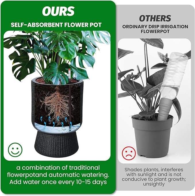 14.2" Tall Planters Set of 2, Large Indoor/Outdoor Self-Watering Plant Pots with Drainage, Water Level Monitor & Wheels, Flower Pots for Patio, Porch, Living Room, Home Office