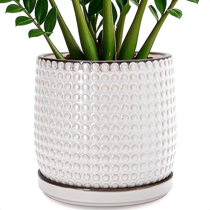 D'vine Dev 10 Inch Ceramic Beaded Stoneware Planter Pot - Flower Pot with Drainage Holes and Saucers for Indoor Succulent Plants or Flowers, Smoked White, 27-C-P-1