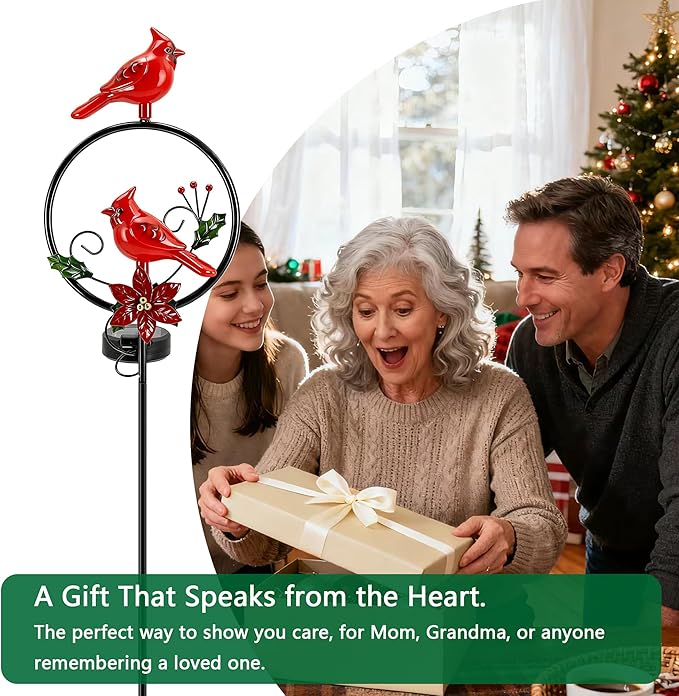 Cardinal Solar Christmas Lights Outdoor with Holly Berries, Solar Powered Waterproof Garden Stake for Patio Yard Decor, Memorial Gift for Mom & Grandma