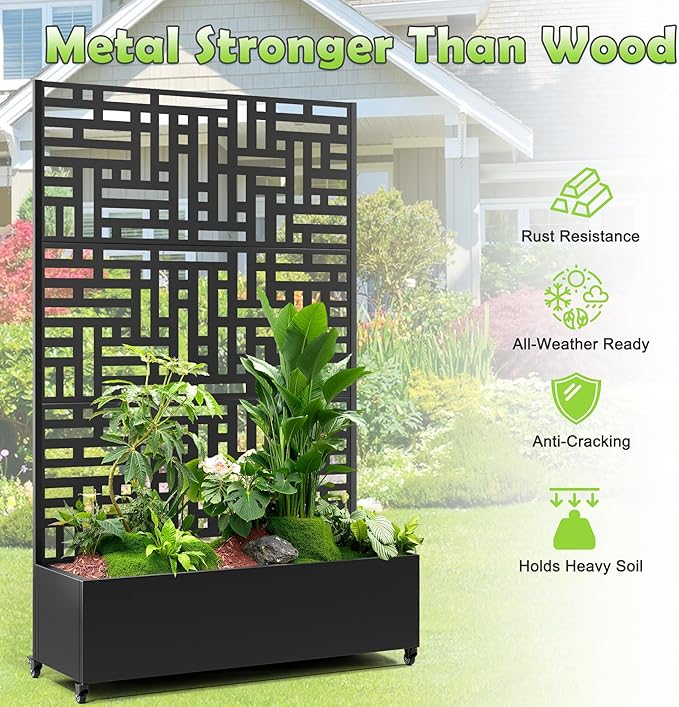 15.7"×70.9"×47.2" Metal Raised Garden Bed with Trellis and Wheels - Tall Trellis Planter Box for Climbing Plants, Vegetables & Vines - Outdoor Privacy Planters for Patio (Black-Helen)