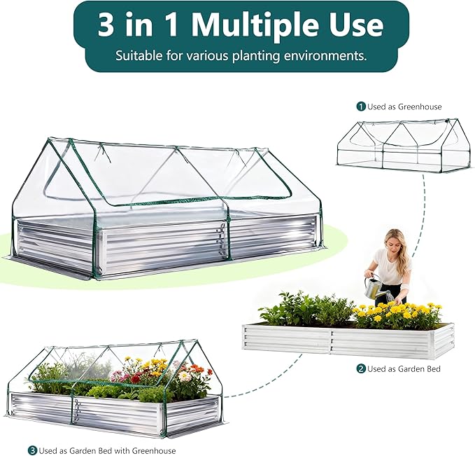 Smug Outdoor Raised Garden Bed with Transparent Waterproof Cover for Growing Vegetables, Cold-Resistant Planter Box Kit with Large Screen Windows for Herbs & Flowers, 8x4x1ft