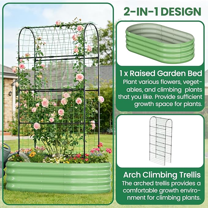 SUNYRISY 2Pack Galvanized Raised Garden Bed with 71in Arch Trellis for Climbing Plants, Outdoor Planter Box with Climbing Net for Gardening Flowers Vegetables Fruits Herbs, Green
