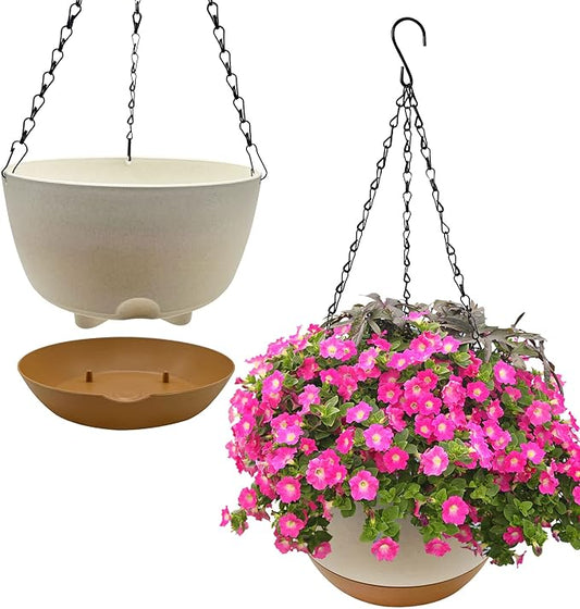 2 Pack Hanging Planters for Outdoor Indoor Plants, 10 Inch Plastic Outdoor Hanging Planter, Hanging Flower Pots for Outside with Drainage Holes & Removable Saucer for Garden Home
