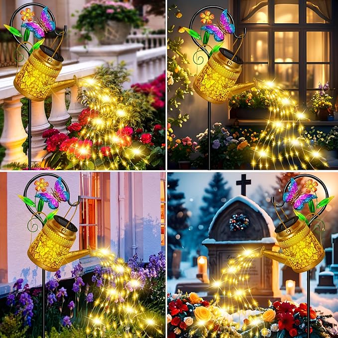 Christmas Gifts Solar Watering Can Lights Outdoor Garden Decor, Large Butterfly Hanging Lantern with Shepherd Hook, Waterproof Garden Lights for Outdoor Landscape Pathway Yard, Gift for Mom Grandma