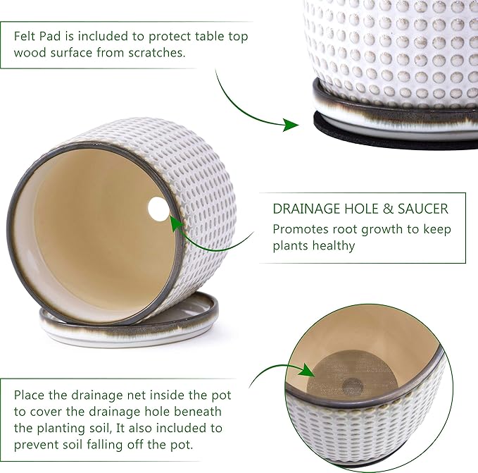 D'vine Dev 4 Inch Ceramic Beaded Stoneware Planter Pot - Flower Pot with Drainage Holes and Saucers for Indoor Succulent Plants or Flowers, Smoked White, 27-C-Z-1