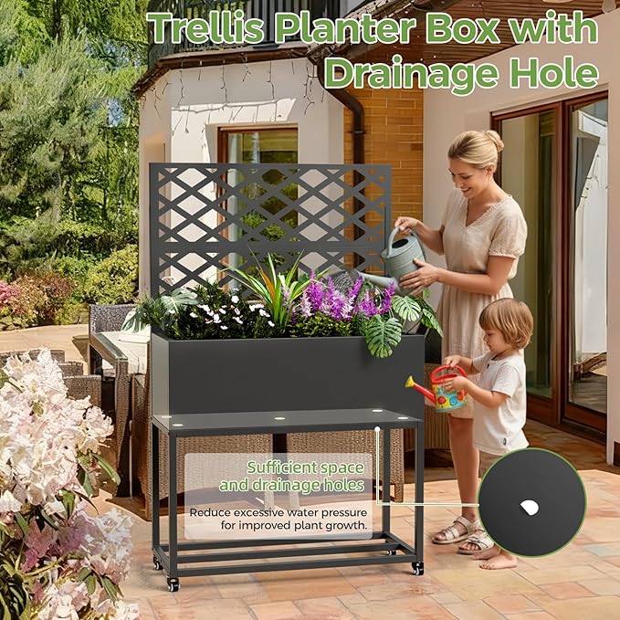 Metal Planter Box with Trellis, 3 in 1 Raised Garden Bed with Trelli & Firewood Rack, Privacy Planter Screen for Climbing Plants, Vine, Outdoor Garden Standing Beds with Drainage Holes, Wheels,Black