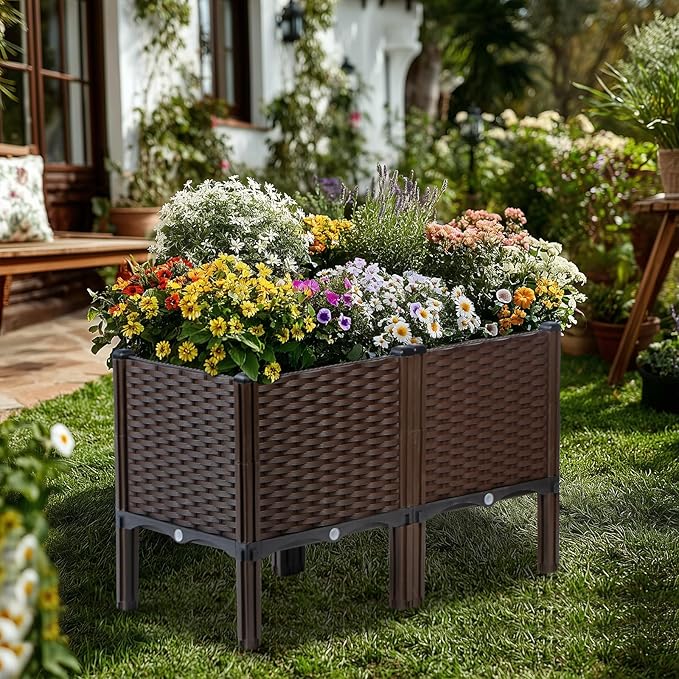 Rattan Raised Garden Bed with Legs-Rectangular Elevated Planters for Outdoor Plants, Self Watering Planter Box 32"L x 16"W x 20"H, Rectangular Deep Garden Bed for Vegetables, Flowers, Herbs