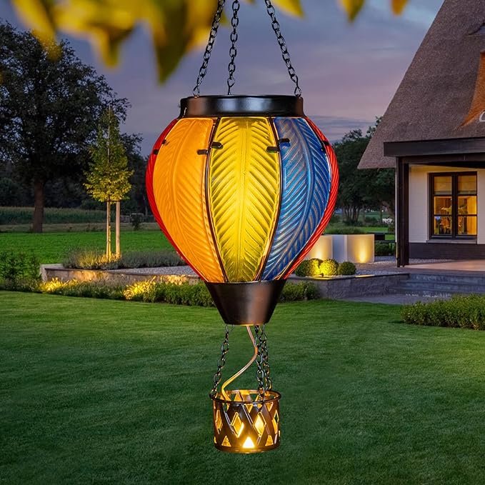 Larekook Solar Hot Air Balloon Lantern with Flickering Flame Light,Glass Hanging Garden Decor Hot Air Balloon Solar Lantern Outdoor Waterproof for Yard Patio Porch Lawn(Rainbow)