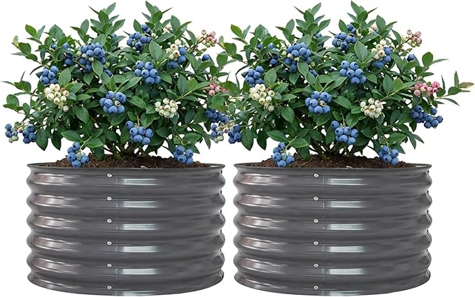 17" Tall Herb Raised Garden Bed for Basil Lavender Sages, 30" Wide Round Fruit Tomato Planter Box for Gardening Blueberries Figs, Flower Metal Pot Container for Rose, Twin Pack, Modern Gray