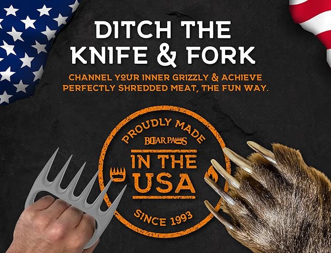 Bear Paws Meat Claws - The Original Meat Shredder Claws for Pulled Pork, USA Made - Easily Lift, Shred, Pull and Serve Pork, Chicken, Brisket and Turkey - Gift for Dad on Christmas! (Gray)