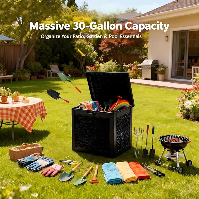 30 Gallon Resin Deck Box with Lockable Lid, Outdoor Storage for Patio Furniture Cushions, Garden Tools, Pool Accessories, All-Weather Waterproof Design