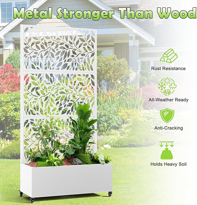 15.7"×70.9"×35.4" Metal Raised Garden Bed with Trellis and Wheels - Tall Trellis Planter Box for Climbing Plants, Vegetables & Vines - Outdoor Privacy Planters for Patio (White)