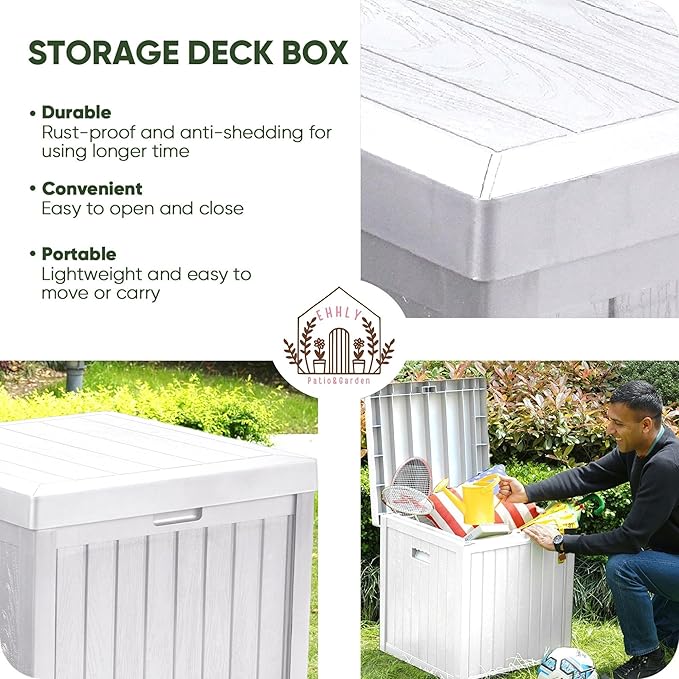 EHHLY Deck Box, 51 Gallon Front Porch Package Bin Delivery Box for Outside, Small Patio Outdoor Storage Boxes Waterproof, UV Resistant Plastic Resin Pool Storage Bins with lids, White