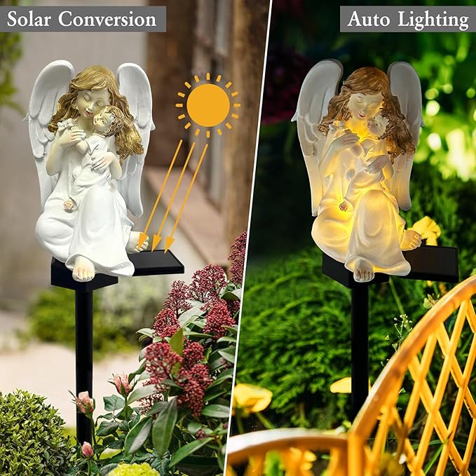 Solar Garden Angel Lights, Waterproof Outdoor Garden Angels Statue Decorations Solar Lights for Cemetery Gravesite Grave Outside Yard Patio Lawn Porch (Mother Angel)