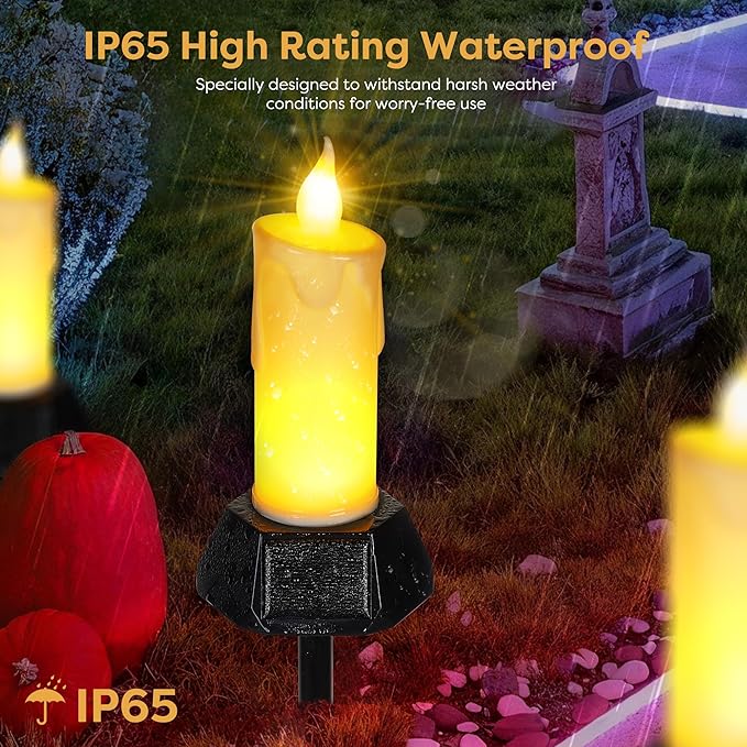 BlcTec Solar Candles Outdoor Waterproof, Realistic Flickering Flames LED Candles with IP65 High Rating Waterproof, Suitable for Lawn, Yard, Pathway, Camping, Graveyard, Halloween Outdoor Decor, 2 PCS