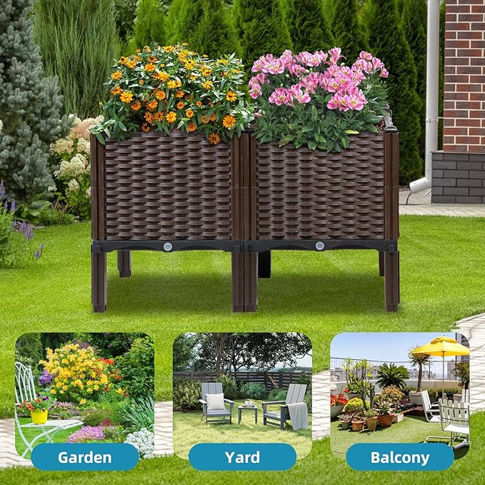 Rattan Raised Garden Bed with Legs-Rectangular Elevated Planters for Outdoor Plants, Self Watering Planter Box 32"L x 16"W x 20"H, Rectangular Deep Garden Bed for Vegetables, Flowers, Herbs