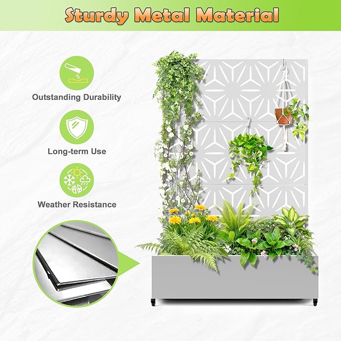 Metal Raised Garden Bed with Trellis, 2 in 1 Trellis with Planter Box & Privacy Screen for Climbing Plants, Vine, Outdoor Standing Flower Beds with Drainage Holes,47.2"L x 16.7"W x 70.8"H,(White-Star)
