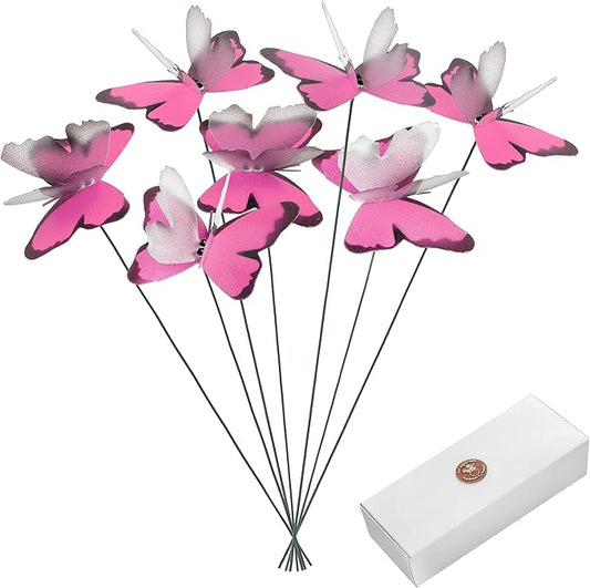 Handmade Lilac Pink Butterfly Garden Stakes - Set of 7 Premium 3D Hand-Painted Butterflies with Fluttering Spring Movement, Weatherproof Metal Rod, Outdoor Indoor Decor, Ideal Gift