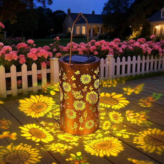 Sunflower Solar Lanterns Outdoor Waterproof, Metal Lantern Garden Lights with Color Projection, Garden Decor Gifts for Mom Women Mother Grandma, Hanging Solar Lights for Yard Porch Patio (Sunflower)