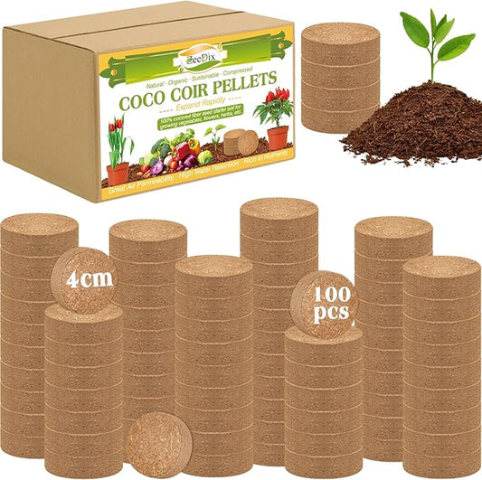 ZeeDix 100pcs 40mm Coco Coir Pellets Potting Soil, Organic Coconut Fiber Seed Starter Soil Pellets, Coconut Coir Soil Discs for Indoor Outdoor Plants, Herbs Houseplants Flowers Succulents Vegetables
