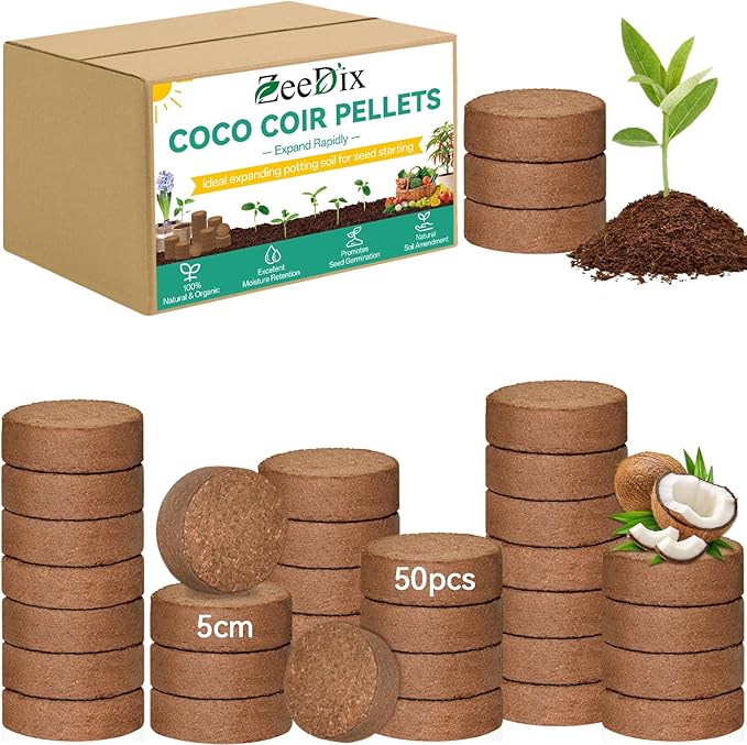 ZeeDix 50pcs(50mm) Coco Coir Pellets Potting Soil Indoor Plants, Compressed Coconut Coir Soil Pellets Seed Starting Pellets Discs for Planting Flowers Bonsai Herbs Plants and Vegetables