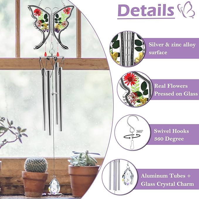KY&BOSAM Butterfly Wind Chime with Crystal Sympathy Wind Spinner Memorial Wind Chimes for Loss of Loved One Prime Bereavement Sympathy Memorial Gift for Loss of Mother Father Condolence Remembrance