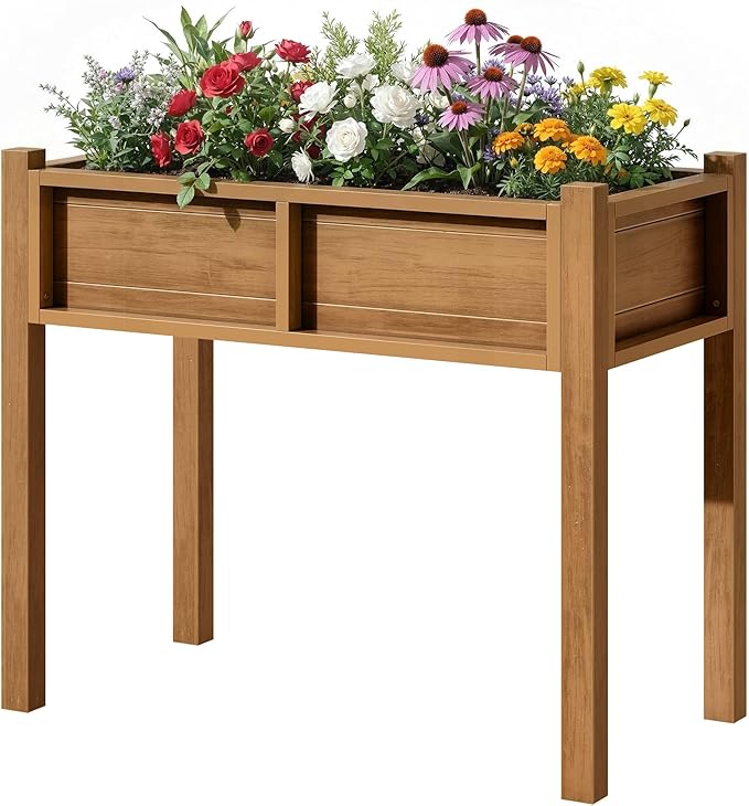 YITAHOME Elevated Garden Bed Raised Garden Bed with Legs & Drainage Hole Weatherproof Elevated Planter Box Patio Planters for Herbs Vegetables Flowers Plant Bed for Garden Balcony Backyard, Teak
