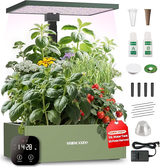SUNCOZE 20 Pods Hydroponics Growing System Kit, Indoor Herb Garden with Grow Light 30W, 10L Large Water Tank with Adjustable Height to 25", Quiet Pump, Gardening Gifts, Green