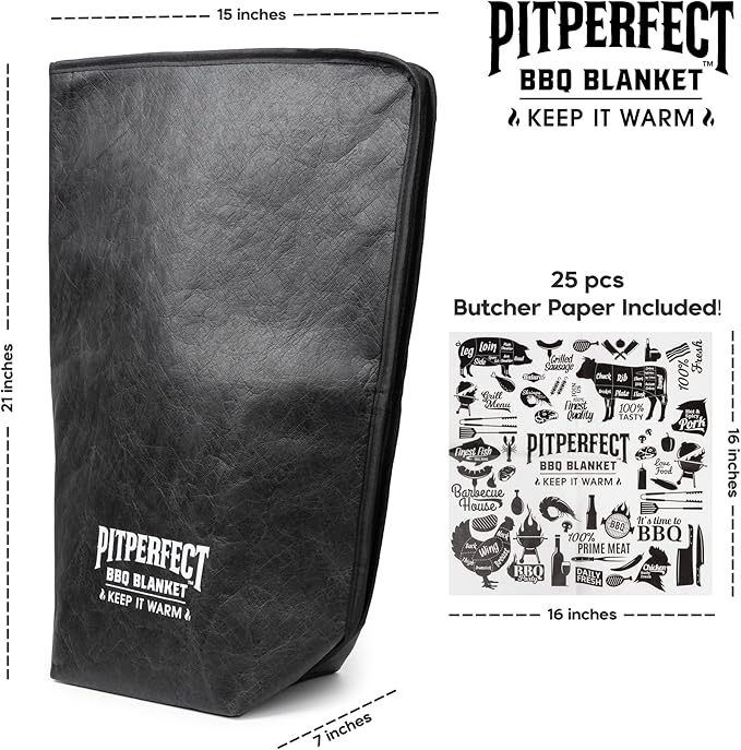 BBQ Blanket for Resting Meat - 21" Multi-Layer Insulated Barbeque Rest Bag with 25 Sheets of Food-Grade Butcher Paper - Leakproof Stitchless Barbecue Wrap for Brisket, Pulled Pork, Turkey, Chicken