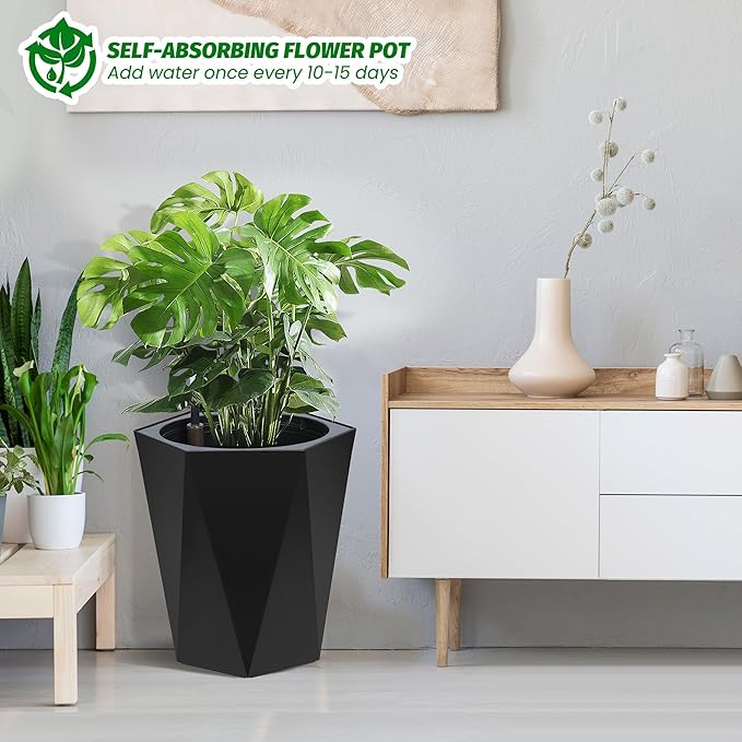 Set of 2 Tall Planters for Outdoor Plants, 16" Large Planter Pots with Drainage Holes & Water Level Monitor, Self-Watering Flower Pots for Patio, Porch, Garden, Front Door Decor, Indoor Outdoor