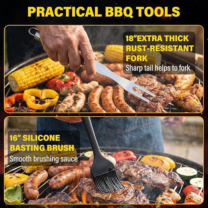 Yekale BBQ Grill Accessories Set, Grill Tools Grilling Accessories Grilling Gifts for Men - Spatula, Fork, Brush, Tongs & Cleaning Brush - Outdoor Barbecue Utensils Gifts for Men Dad Him (Wood)