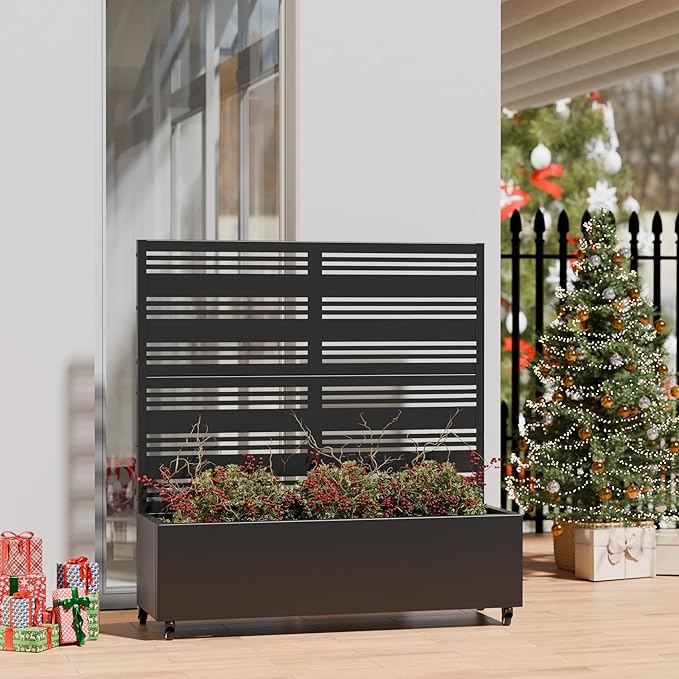 Casaphoria Metal Raised Garden Bed with Trellis and Wheels, 47"x47"x16" Planter Box for Climbing Plants, Vegetables & Vines, Features Drainage Holes and Privacy Screen (Black-Harold)