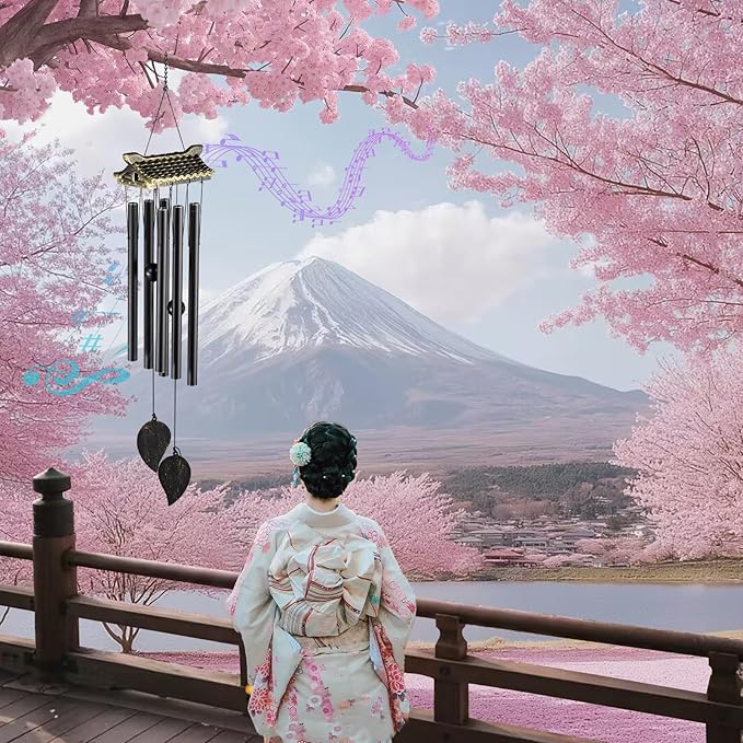 Carefree Fish Wind Chime Use Musical Wind Bell Tubes 31Inch Asian Style Family Love Garden Decor Japanese Cherry Blossom （Patent No.: US D1,104,819 S）
