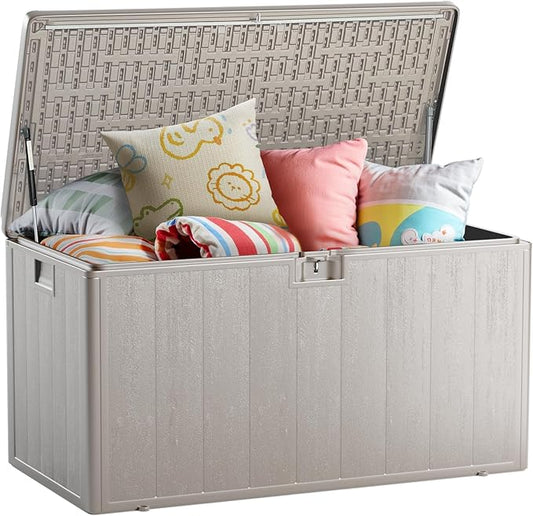 Ortus Collective 120-Gallon Heavy-Duty Deck Box, Constructed with Double-Wall Waterproof Resin and featuring a Lockable Lid with UV Protection for Ultimate Outdoor Storage (Gray)