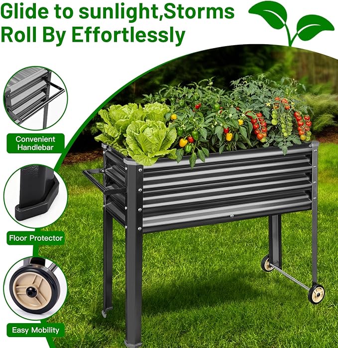 Land Guard 2 Pack Galvanized Raised Garden Bed with Legs & Wheels, 36×12×32in Metal Elevated Raised Planter Box for Backyard, Patio, Balcony, 300lb Capacity, Dark Grey