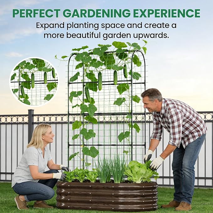 SUNYRISY 2Pack Galvanized Raised Garden Bed with 71in Arch Trellis for Climbing Plants, Outdoor Planter Box with Climbing Net for Gardening Flowers Vegetables Fruits Herbs, Wood Grain