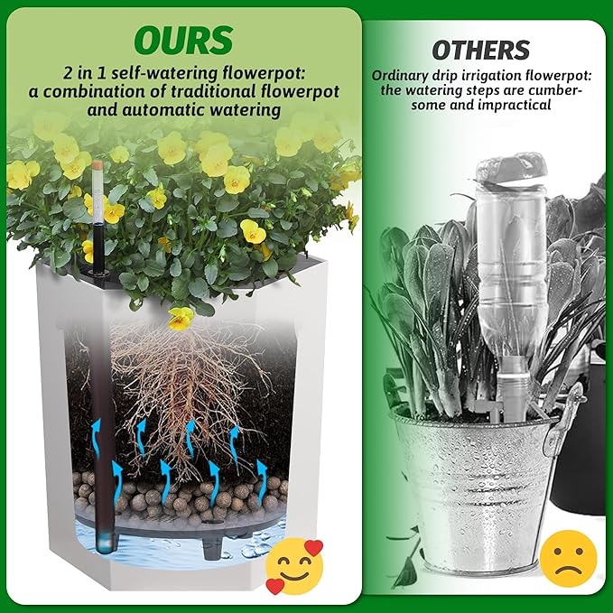 16" Tall Planters Set of 2, Large Outdoor & Indoor Self-Watering Pots with Water Level Monitor, Drainage Hole & Wheels, Planter Pots for Garden, Patio, Balcony, Lounge - White