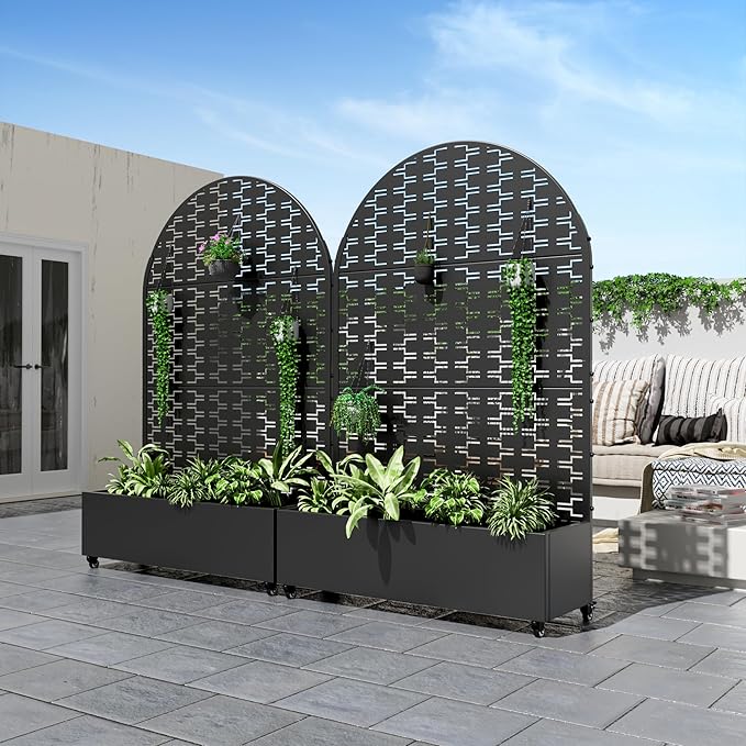 Casaphoria Metal Raised Garden Bed with Trellis and Wheels, 72"x47"x16" Arched Planter Box for Climbing Plants, Vegetables & Vines, Features Drainage Holes and Privacy Screen (Black-Square)