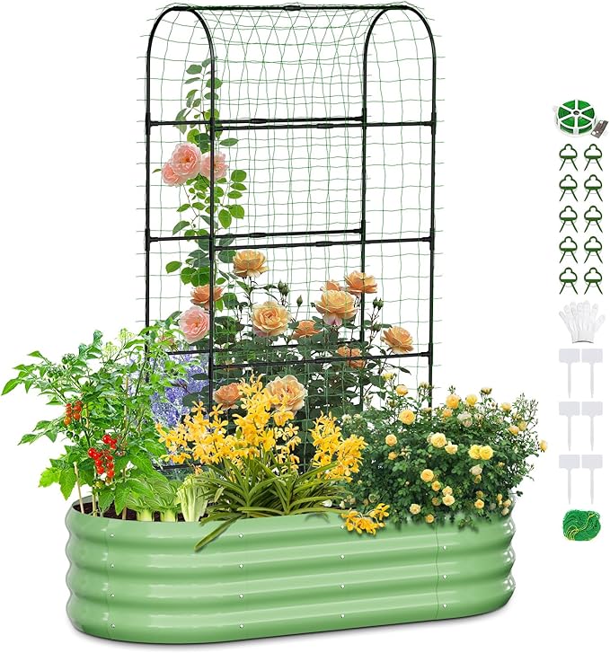 SUNYRISY 2Pack Galvanized Raised Garden Bed with 71in Arch Trellis for Climbing Plants, Outdoor Planter Box with Climbing Net for Gardening Flowers Vegetables Fruits Herbs, Green